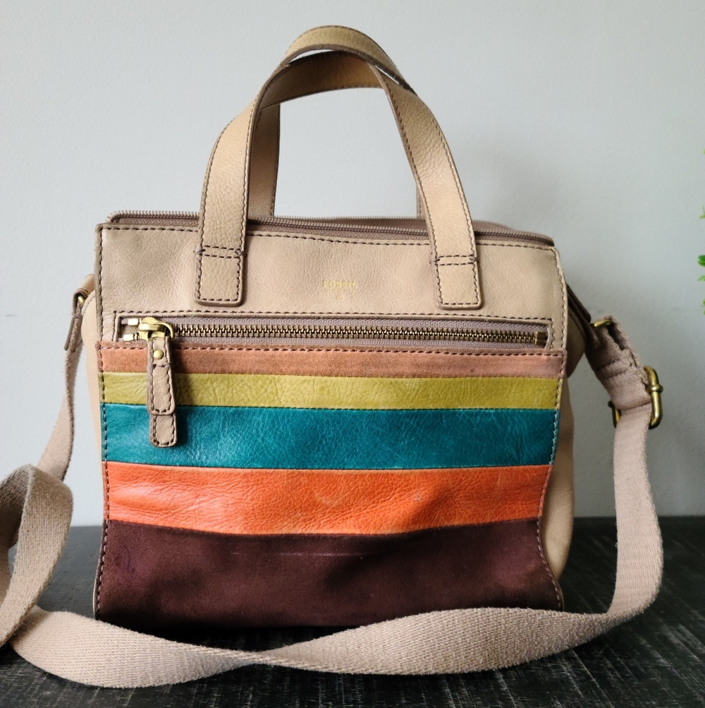 Fossil Vintage Leather & Suede Striped Satchel Crossbody Bag